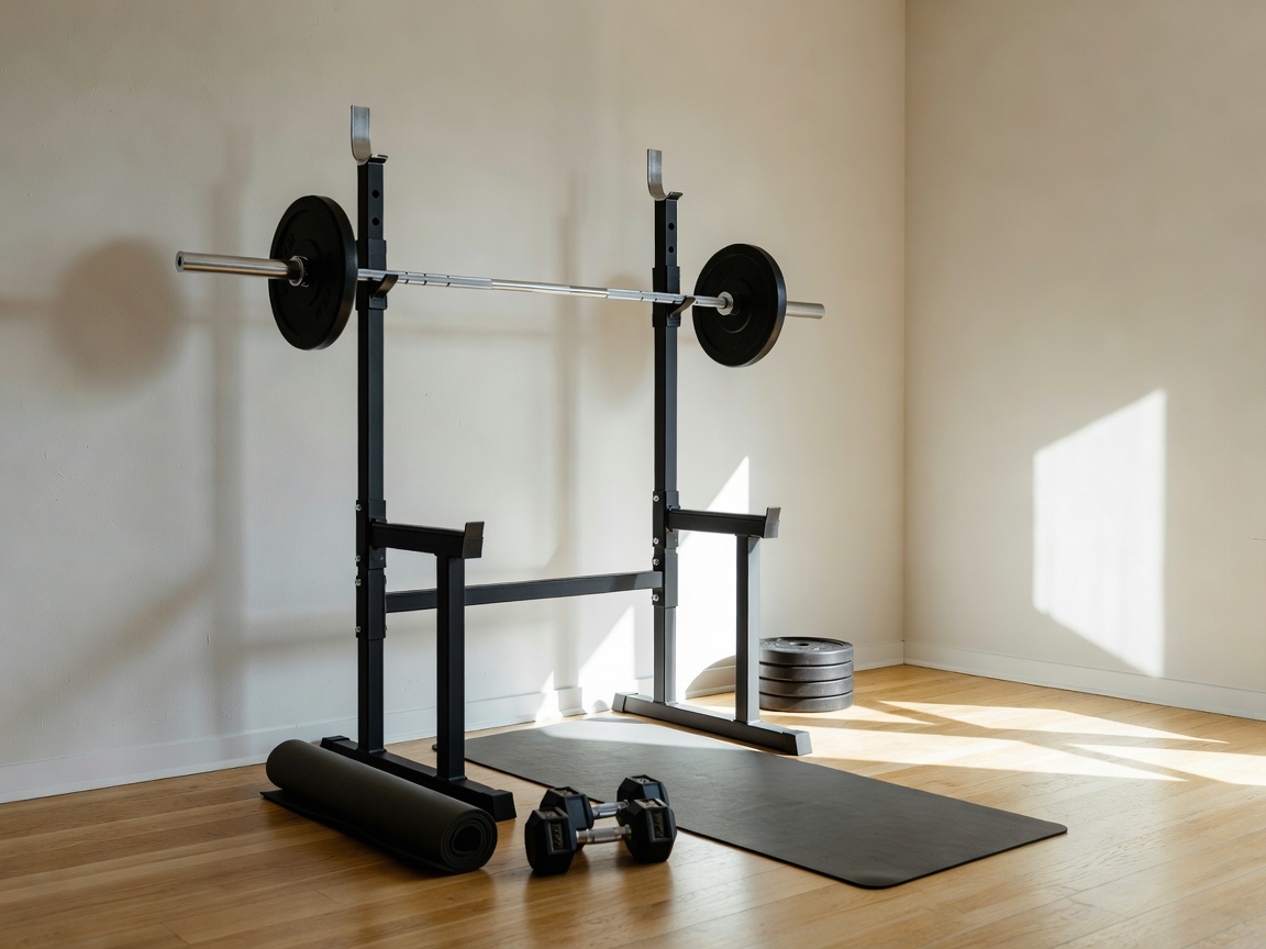 Apartment corner workout space with wall-mounted folding rack