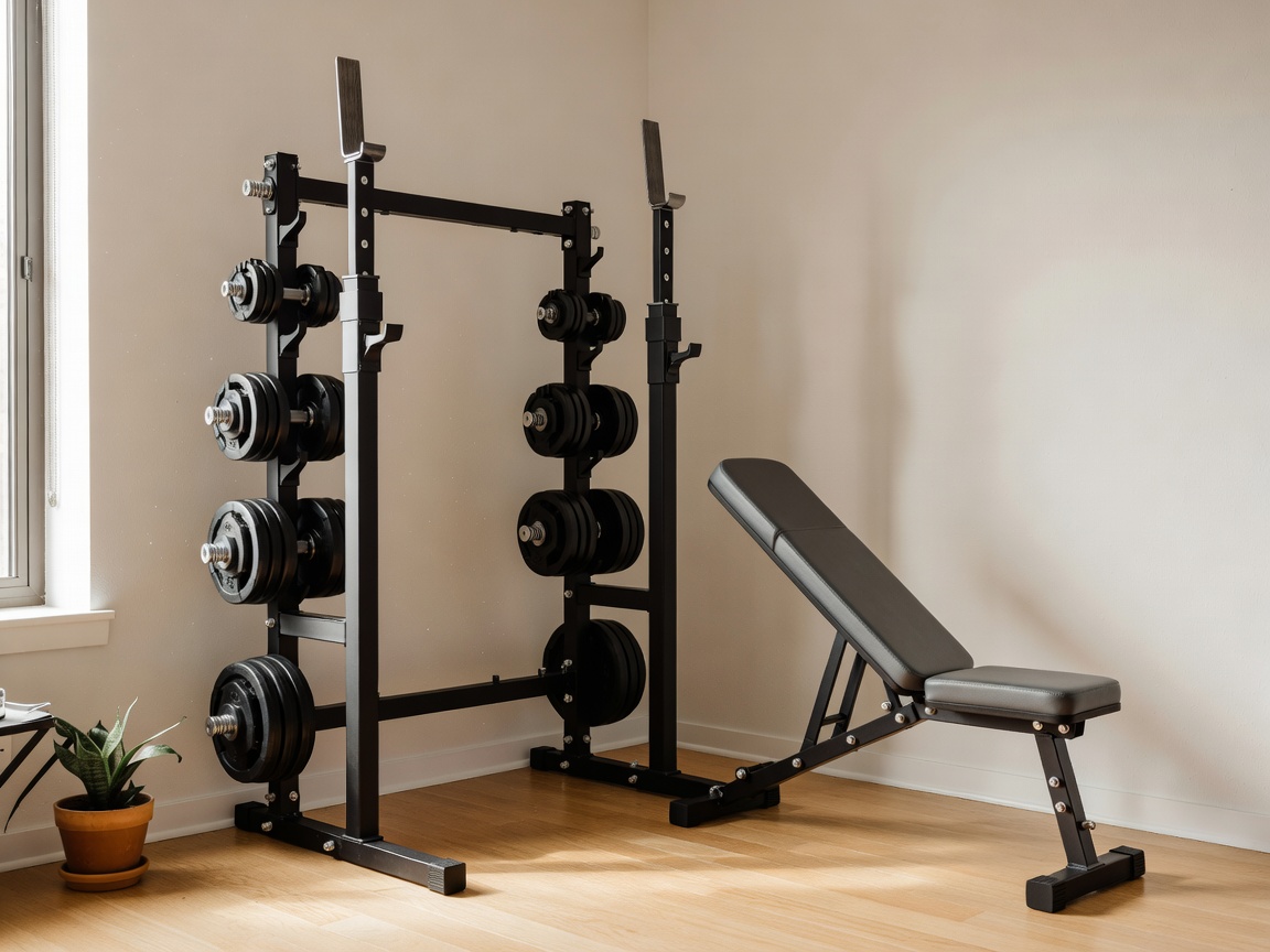 Apartment folding rack setup with adjustable dumbbells