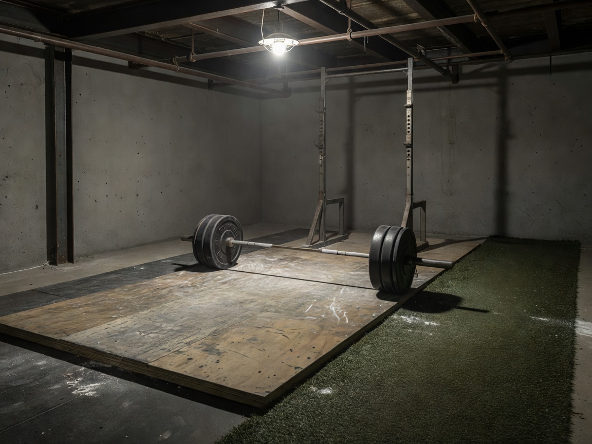 Basement Powerlifting Station with deadlift platform and turf strip