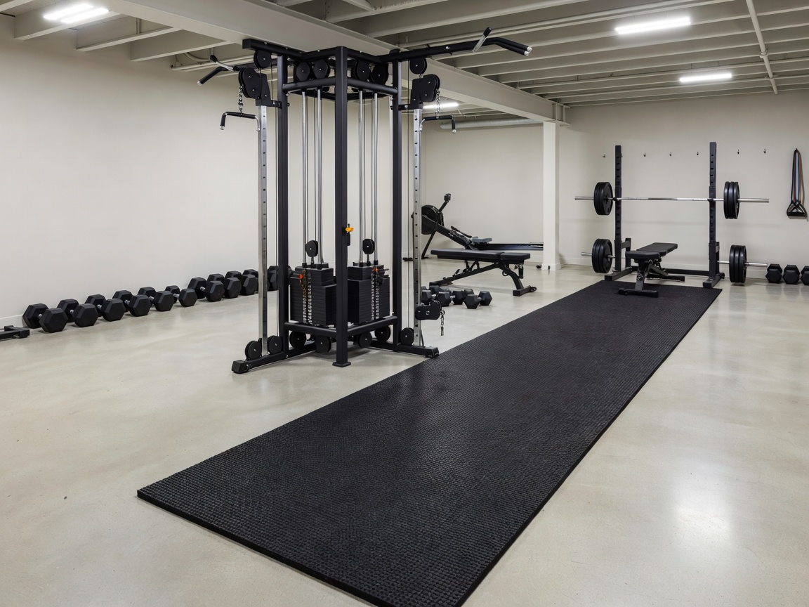 Full basement home gym layout with cable crossover and turf strip