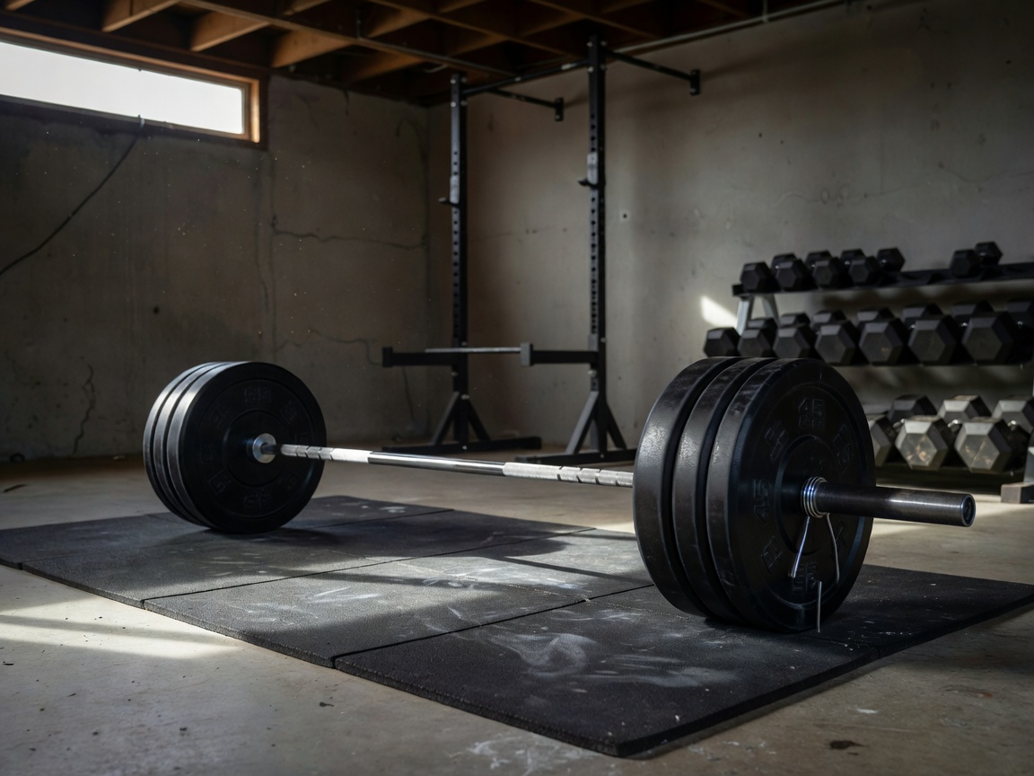 Heavy barbell with bumper plates in home gym environment