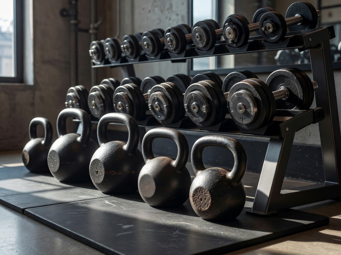 Iron cast kettlebells and adjustable dumbbells setup