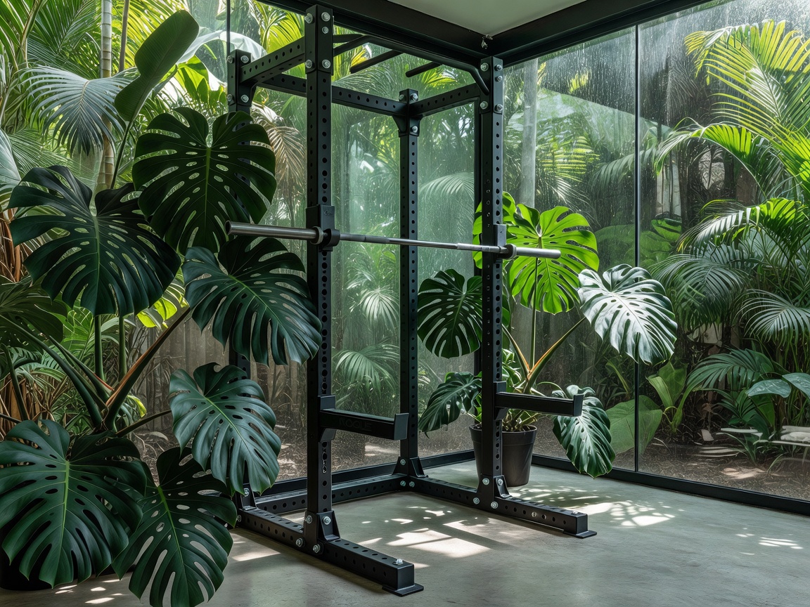 Tropical Glass Garage Gym featuring Rogue Rack and Monstera plants
