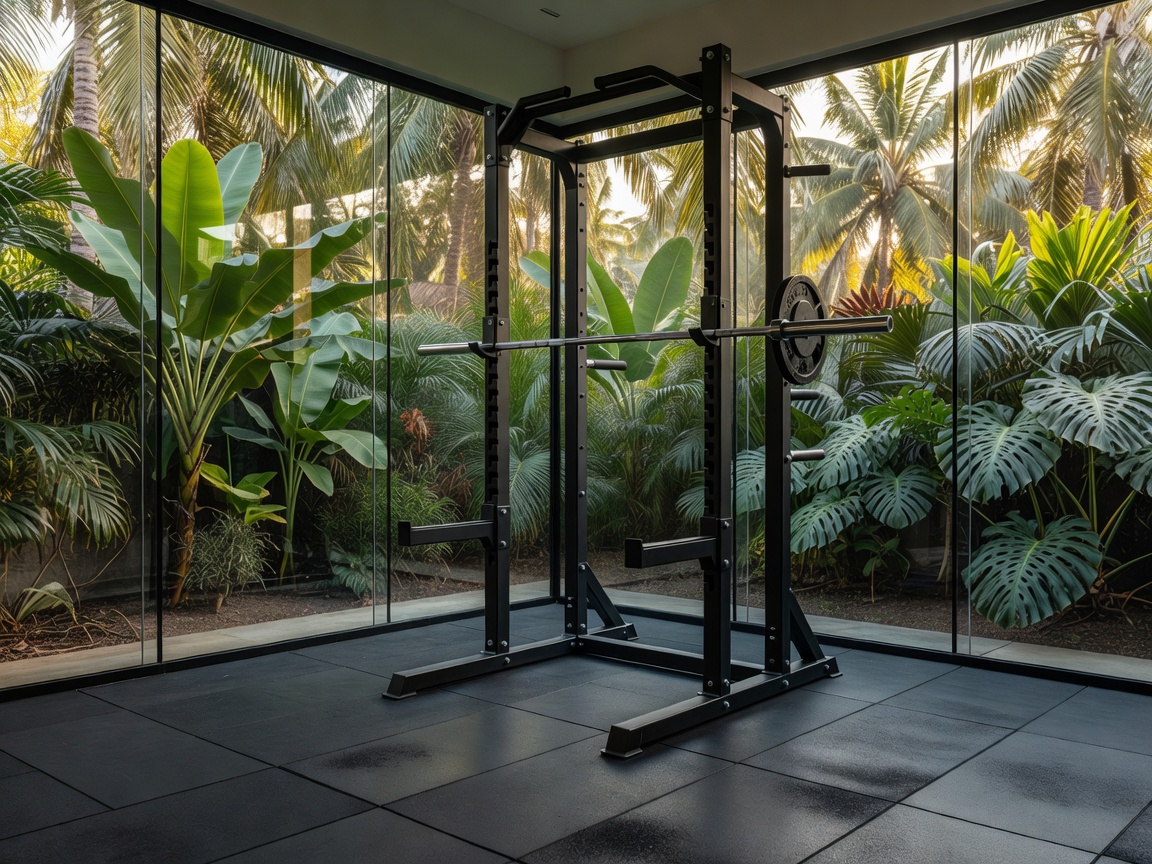 Tropical Glass Garage Gym Setup with Power Rack and Rubber Flooring